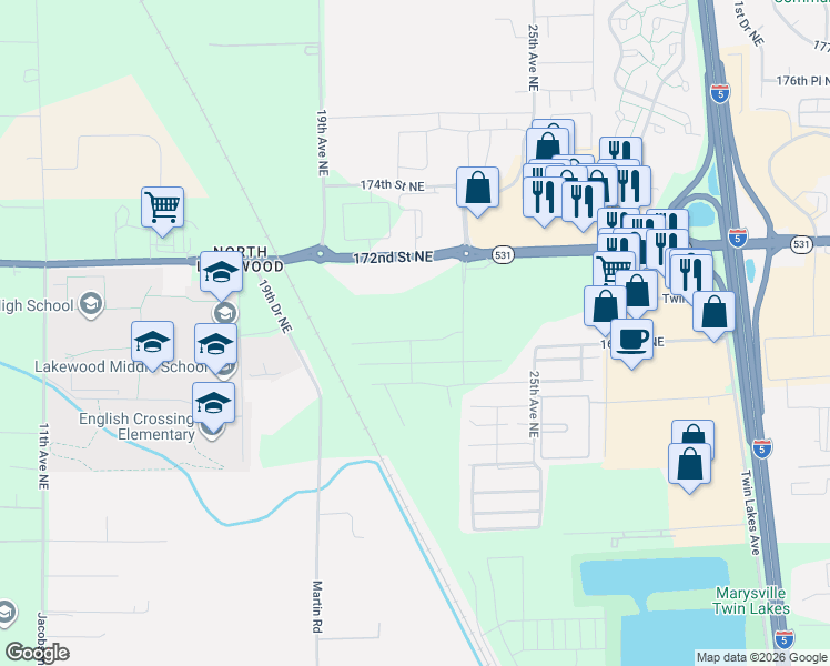 map of restaurants, bars, coffee shops, grocery stores, and more near 2226 172nd Street Northeast in Marysville
