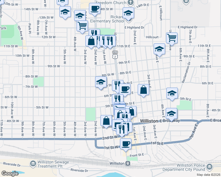 map of restaurants, bars, coffee shops, grocery stores, and more near 613 Main Street in Williston