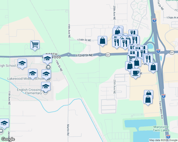 map of restaurants, bars, coffee shops, grocery stores, and more near 2226 172nd Street Northeast in Marysville