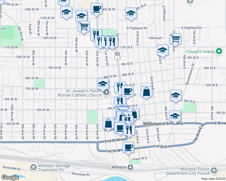 map of restaurants, bars, coffee shops, grocery stores, and more near 612 1st Avenue West in Williston
