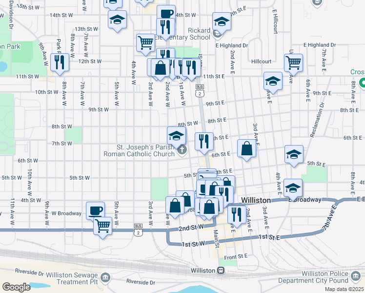 map of restaurants, bars, coffee shops, grocery stores, and more near 621 1st Avenue West in Williston