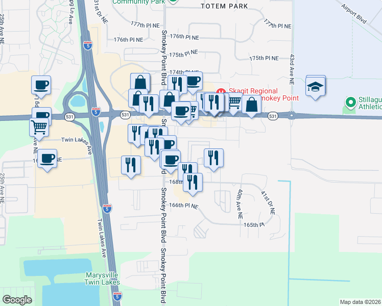 map of restaurants, bars, coffee shops, grocery stores, and more near 3721 169th Street Northeast in Arlington