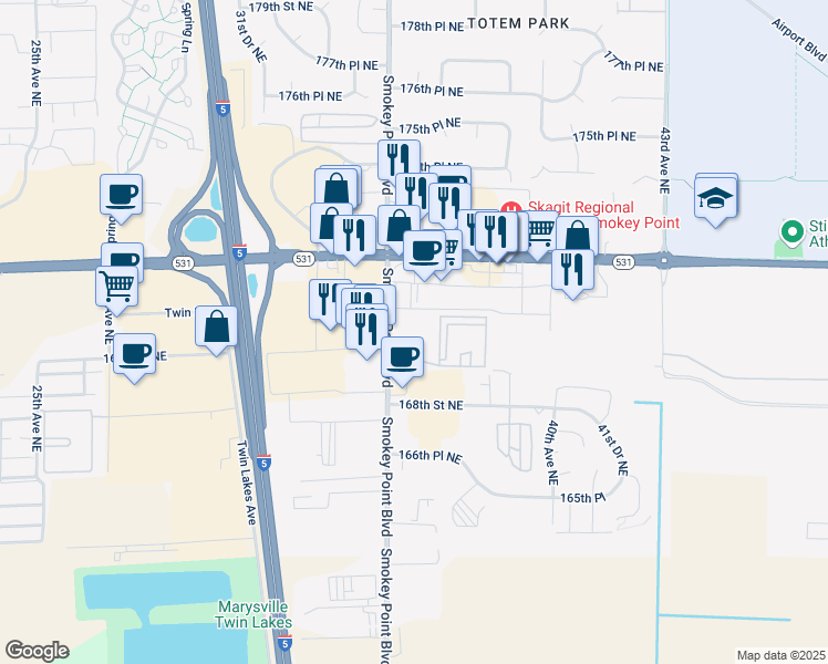 map of restaurants, bars, coffee shops, grocery stores, and more near 3721 169th Street Northeast in Arlington