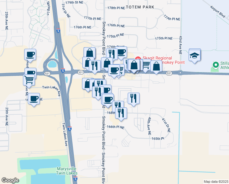 map of restaurants, bars, coffee shops, grocery stores, and more near 3721 169th Street Northeast in Arlington