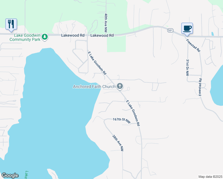 map of restaurants, bars, coffee shops, grocery stores, and more near 17004 East Lake Goodwin Road in Stanwood