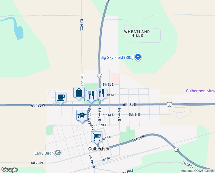 map of restaurants, bars, coffee shops, grocery stores, and more near 123 2nd Avenue East in Culbertson