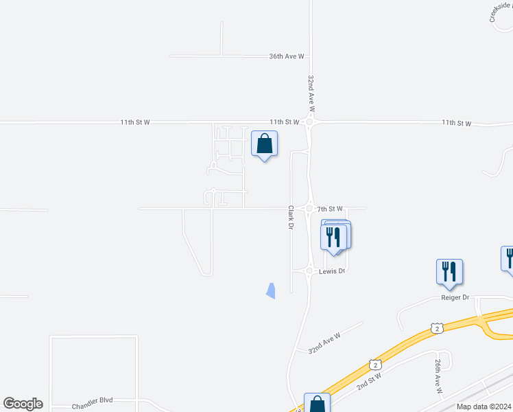 map of restaurants, bars, coffee shops, grocery stores, and more near 405 32nd Avenue West in Williston
