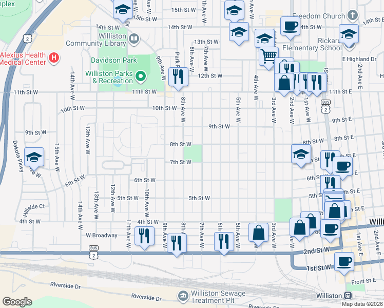 map of restaurants, bars, coffee shops, grocery stores, and more near 748 7th Street West in Williston