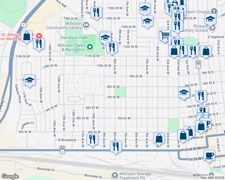 map of restaurants, bars, coffee shops, grocery stores, and more near 801-899 8th Avenue West in Williston