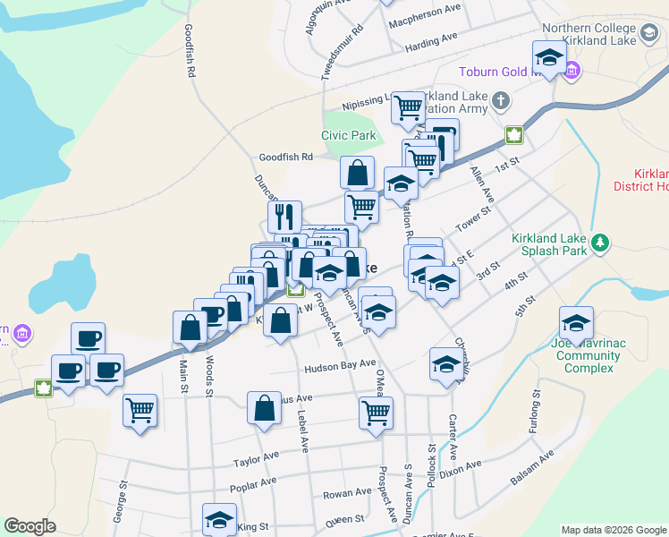 map of restaurants, bars, coffee shops, grocery stores, and more near in Kirkland Lake