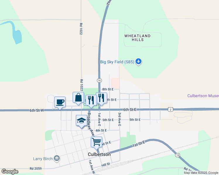 map of restaurants, bars, coffee shops, grocery stores, and more near 123 2nd Avenue East in Culbertson