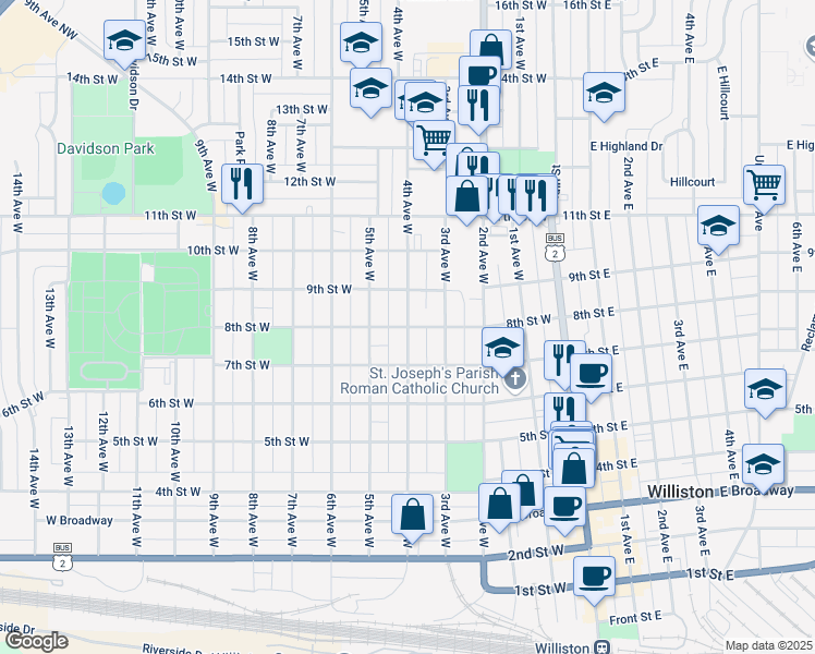 map of restaurants, bars, coffee shops, grocery stores, and more near 801 4th Avenue West in Williston