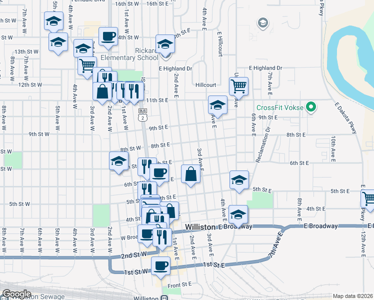 map of restaurants, bars, coffee shops, grocery stores, and more near 715 3rd Avenue East in Williston