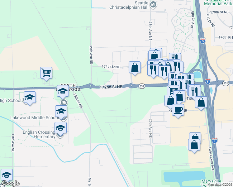 map of restaurants, bars, coffee shops, grocery stores, and more near 2104 172nd Street Northeast in Marysville