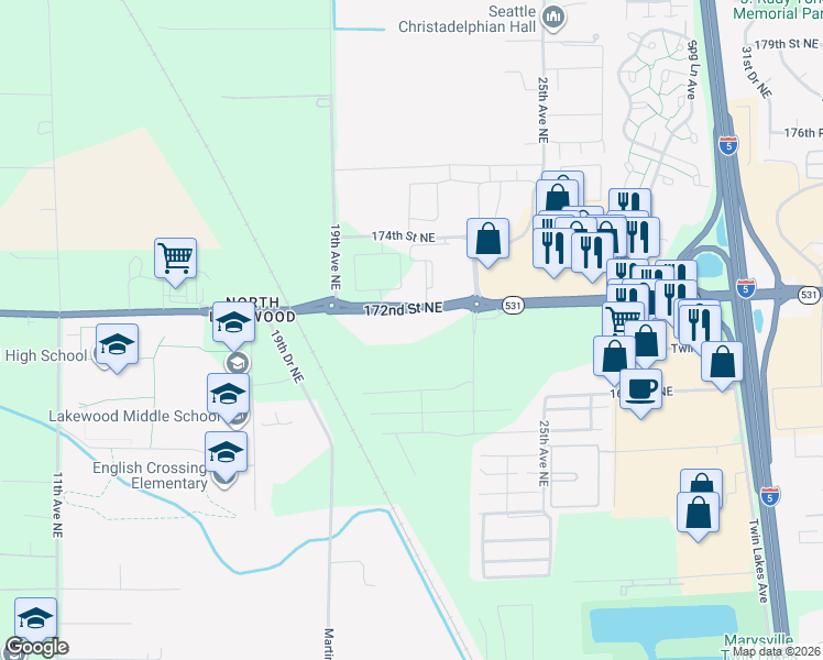 map of restaurants, bars, coffee shops, grocery stores, and more near 2100 172nd Street Northeast in Marysville