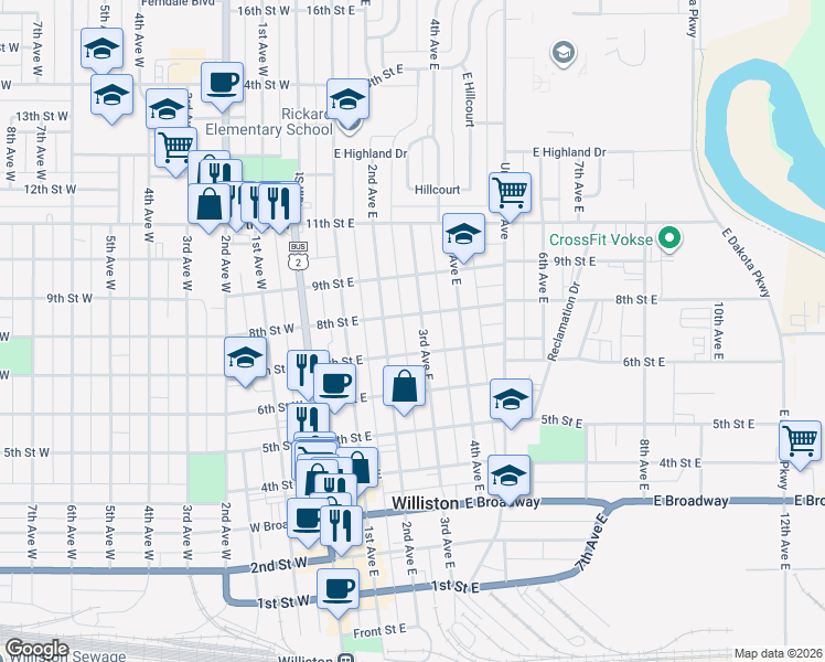 map of restaurants, bars, coffee shops, grocery stores, and more near 715 3rd Avenue East in Williston