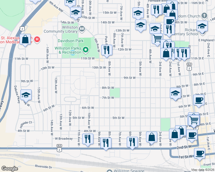 map of restaurants, bars, coffee shops, grocery stores, and more near 801 8th Avenue West in Williston