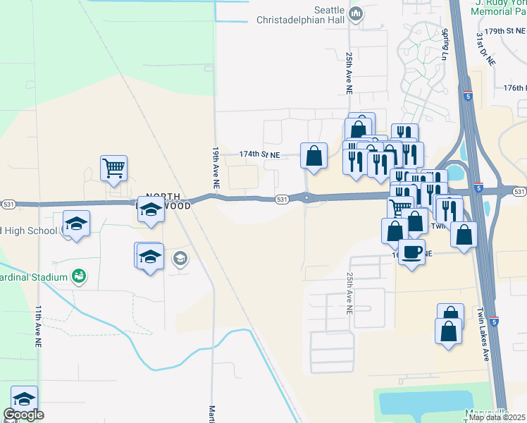 map of restaurants, bars, coffee shops, grocery stores, and more near 2104 172nd Street Northeast in Marysville
