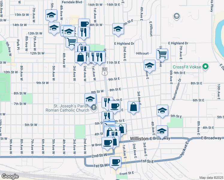 map of restaurants, bars, coffee shops, grocery stores, and more near 52 8th Street East in Williston