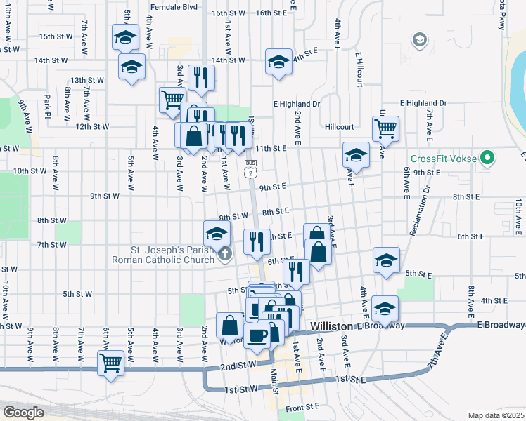 map of restaurants, bars, coffee shops, grocery stores, and more near 52-98 8th Street East in Williston
