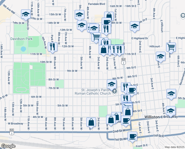 map of restaurants, bars, coffee shops, grocery stores, and more near 801-899 4th Avenue West in Williston