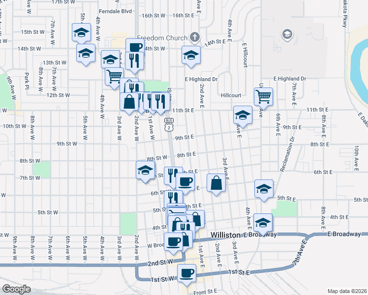map of restaurants, bars, coffee shops, grocery stores, and more near 52-98 8th Street East in Williston