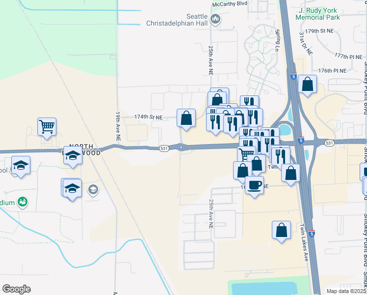 map of restaurants, bars, coffee shops, grocery stores, and more near 2203 172nd Street Northeast in Marysville