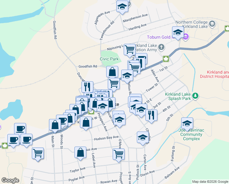 map of restaurants, bars, coffee shops, grocery stores, and more near in Kirkland Lake