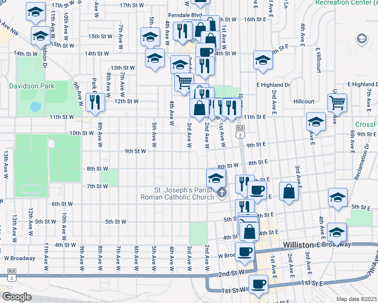 map of restaurants, bars, coffee shops, grocery stores, and more near 895 3rd Avenue West in Williston