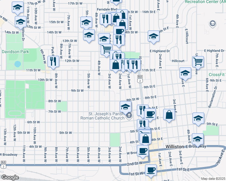 map of restaurants, bars, coffee shops, grocery stores, and more near 895-999 3rd Avenue West in Williston