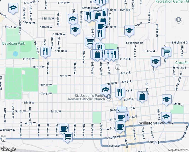 map of restaurants, bars, coffee shops, grocery stores, and more near 895-999 3rd Avenue West in Williston