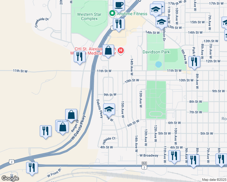 map of restaurants, bars, coffee shops, grocery stores, and more near 929 16th Ave W in Williston
