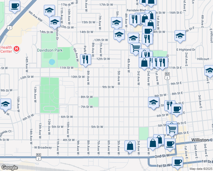 map of restaurants, bars, coffee shops, grocery stores, and more near 901 6th Avenue West in Williston