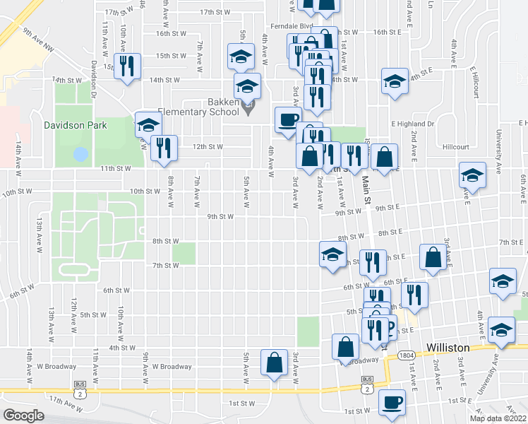 map of restaurants, bars, coffee shops, grocery stores, and more near 901 4th Avenue West in Williston