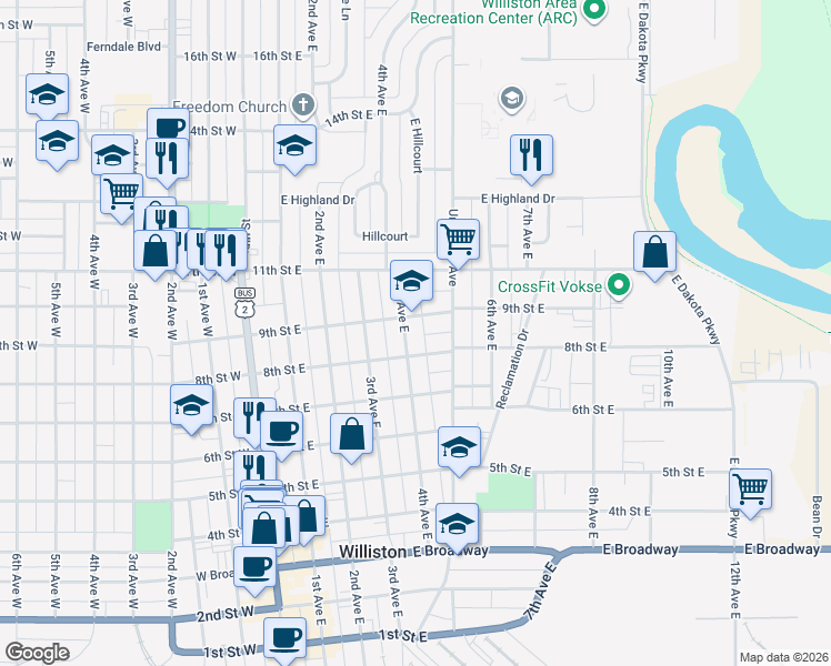 map of restaurants, bars, coffee shops, grocery stores, and more near 814 4th Avenue East in Williston