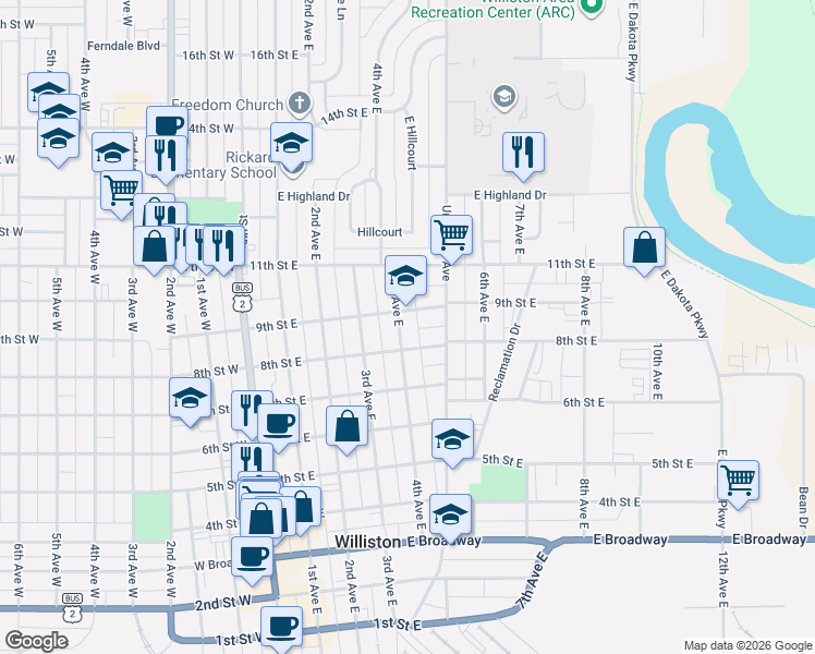 map of restaurants, bars, coffee shops, grocery stores, and more near 814 4th Avenue East in Williston