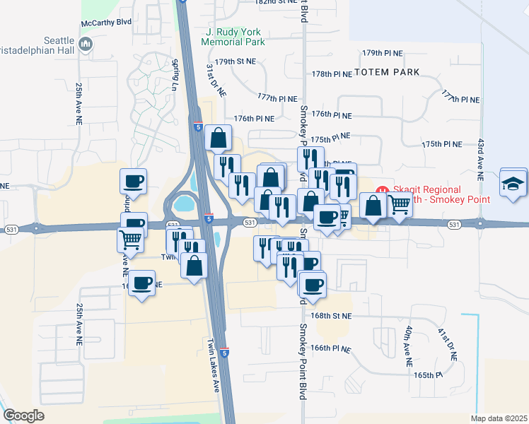 map of restaurants, bars, coffee shops, grocery stores, and more near 17215 Smokey Point Drive in Arlington