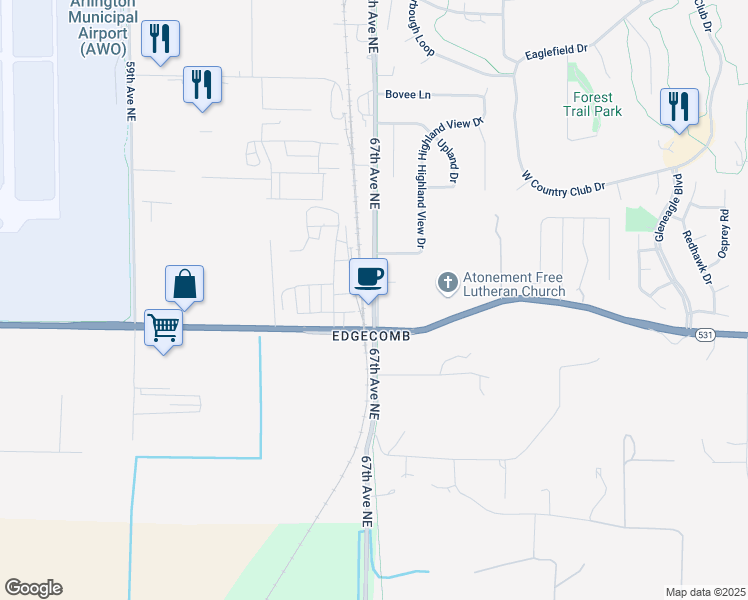 map of restaurants, bars, coffee shops, grocery stores, and more near 17327 67th Avenue Northeast in Arlington