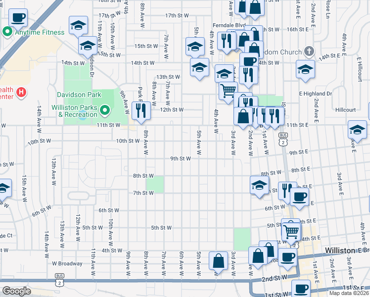 map of restaurants, bars, coffee shops, grocery stores, and more near 901-999 6th Avenue West in Williston