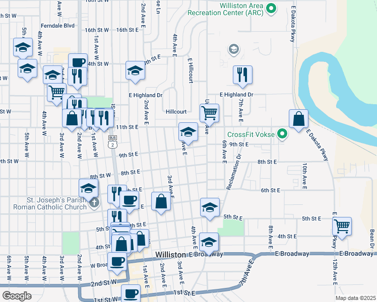 map of restaurants, bars, coffee shops, grocery stores, and more near 822 4th Avenue East in Williston