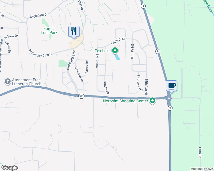 map of restaurants, bars, coffee shops, grocery stores, and more near 17315 80th Drive Northeast in Arlington