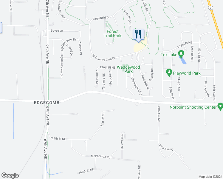 map of restaurants, bars, coffee shops, grocery stores, and more near 17311 73rd Drive Northeast in Arlington