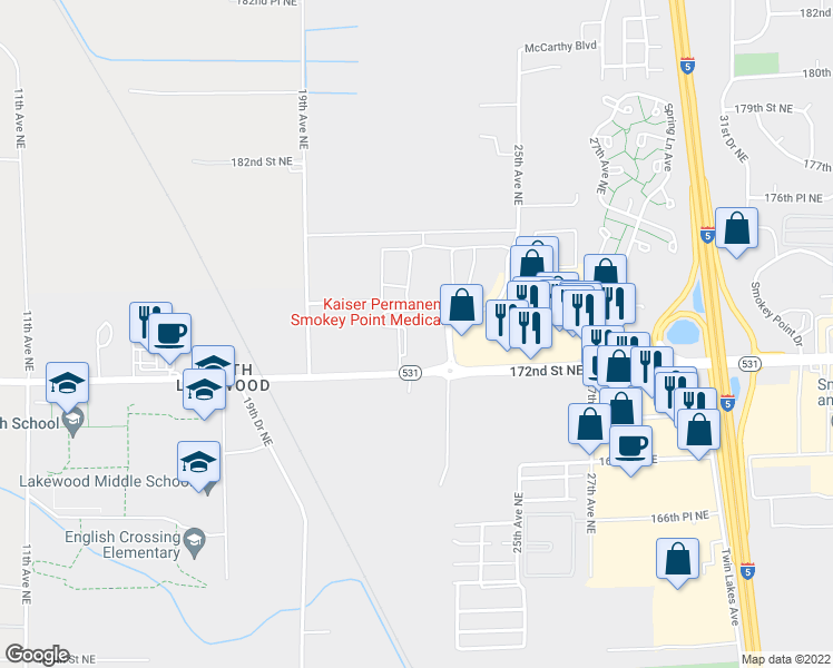 map of restaurants, bars, coffee shops, grocery stores, and more near 2131 172nd Street Northeast in Marysville