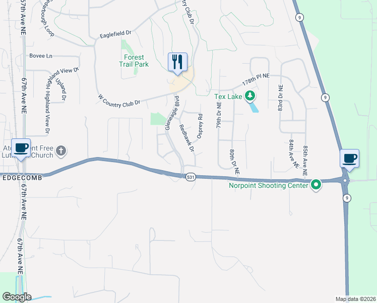 map of restaurants, bars, coffee shops, grocery stores, and more near 17310 Redhawk Drive in Arlington