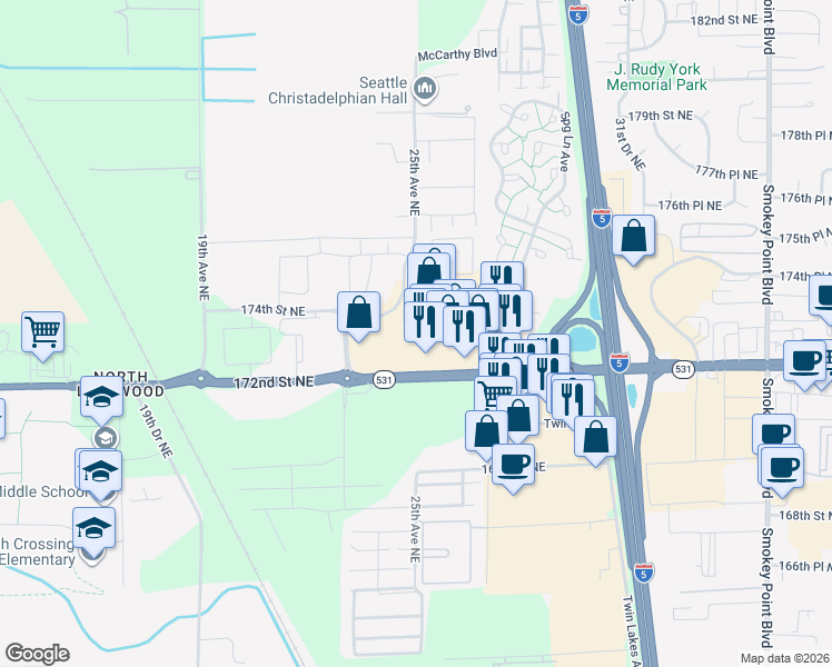 map of restaurants, bars, coffee shops, grocery stores, and more near 17473 25th Avenue Northeast in Marysville