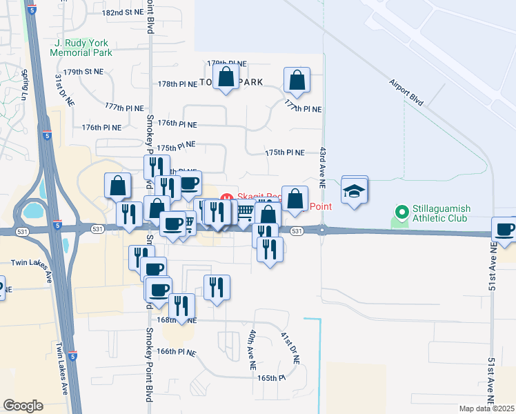 map of restaurants, bars, coffee shops, grocery stores, and more near 3905 172nd Street Northeast in Arlington