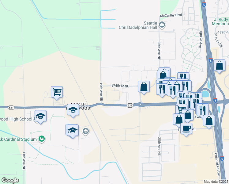 map of restaurants, bars, coffee shops, grocery stores, and more near 1921 172nd Street Northeast in Marysville