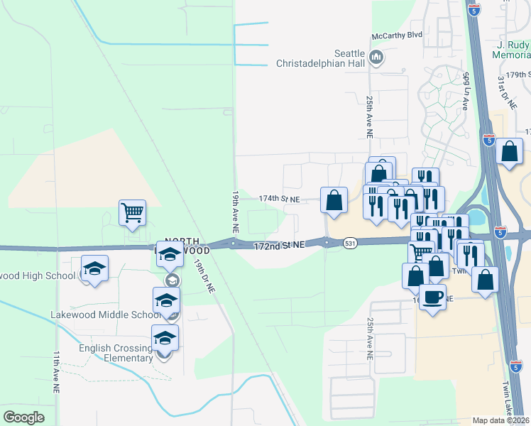 map of restaurants, bars, coffee shops, grocery stores, and more near 1921 172nd Street Northeast in Marysville