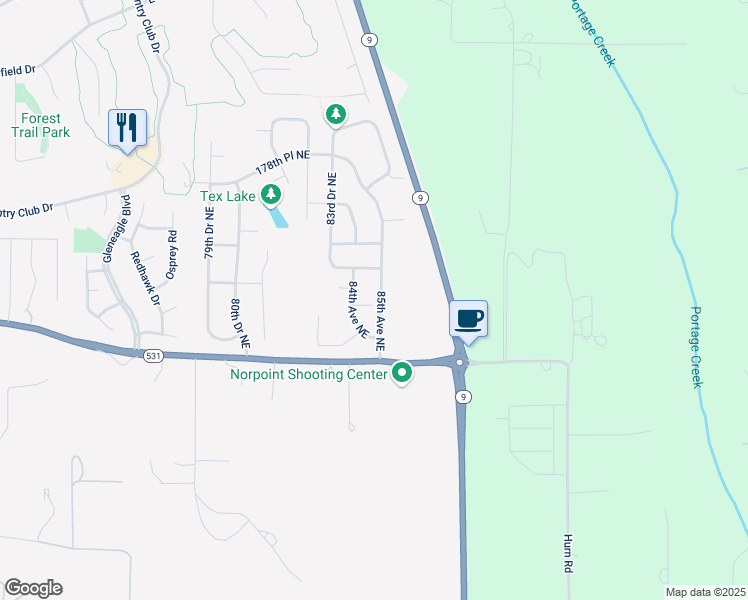 map of restaurants, bars, coffee shops, grocery stores, and more near 17309 84th Avenue Northeast in Arlington