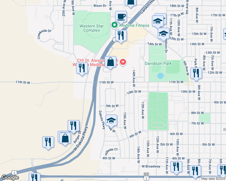 map of restaurants, bars, coffee shops, grocery stores, and more near 929 16th Avenue West in Williston